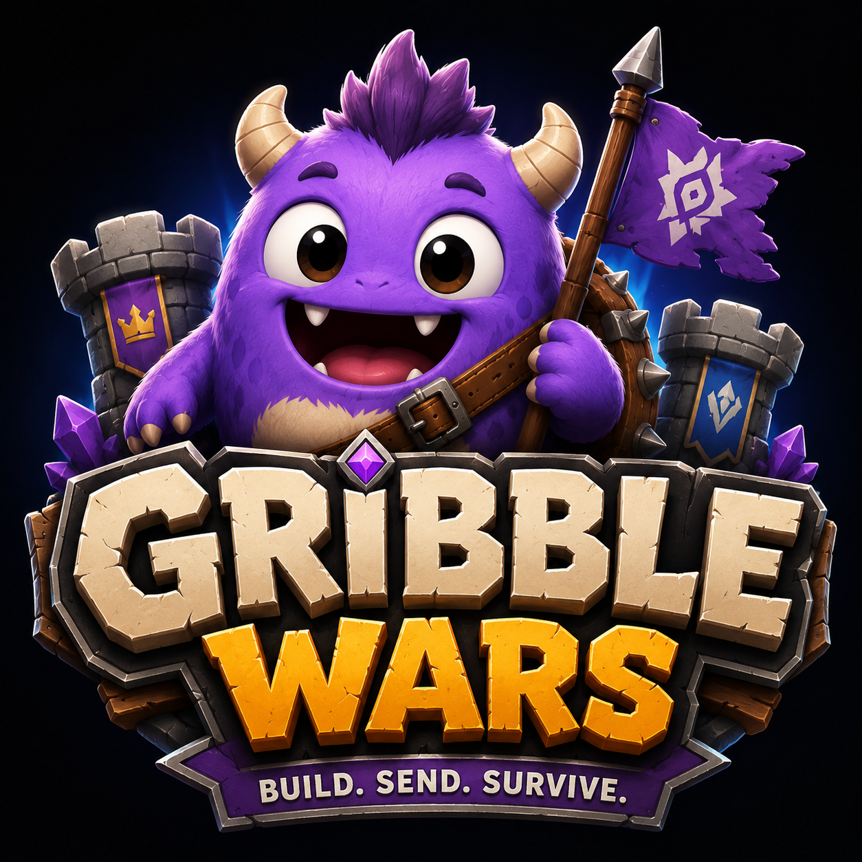 Gribble, a purple horned monster with a flag, above the Gribble Wars logo