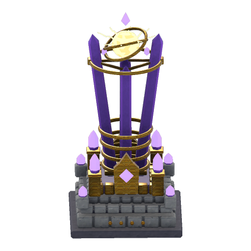 A gold and purple Tesla Nexus lightning tower